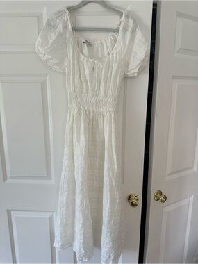 White Smocked Midi Dress with Puff Sleeves